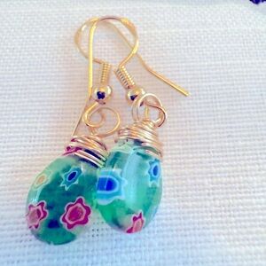 Millifiore Wire wrapped Green Floral Drop Earrings